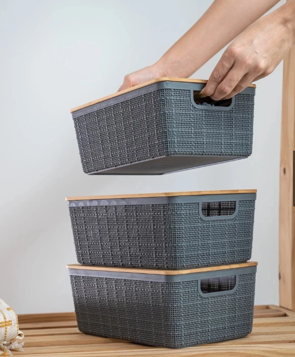 Kit 3 caixas organizadoras tampa de bambu multiuso Preto