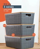 Kit 3 caixas organizadoras tampa de bambu multiuso Preto