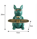 Escultura Decorativa de Cachorro Bulldog com Bandeja e Óculos