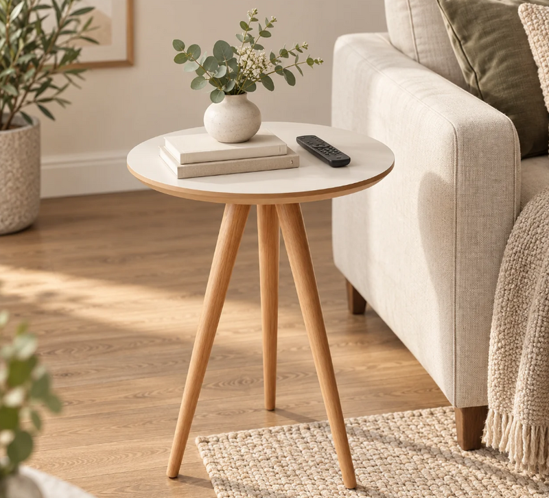 Mesinha de Canto Lateral Retrô Redonda Wood White/Mesa de Apoio Decorativa para Sala e Quarto