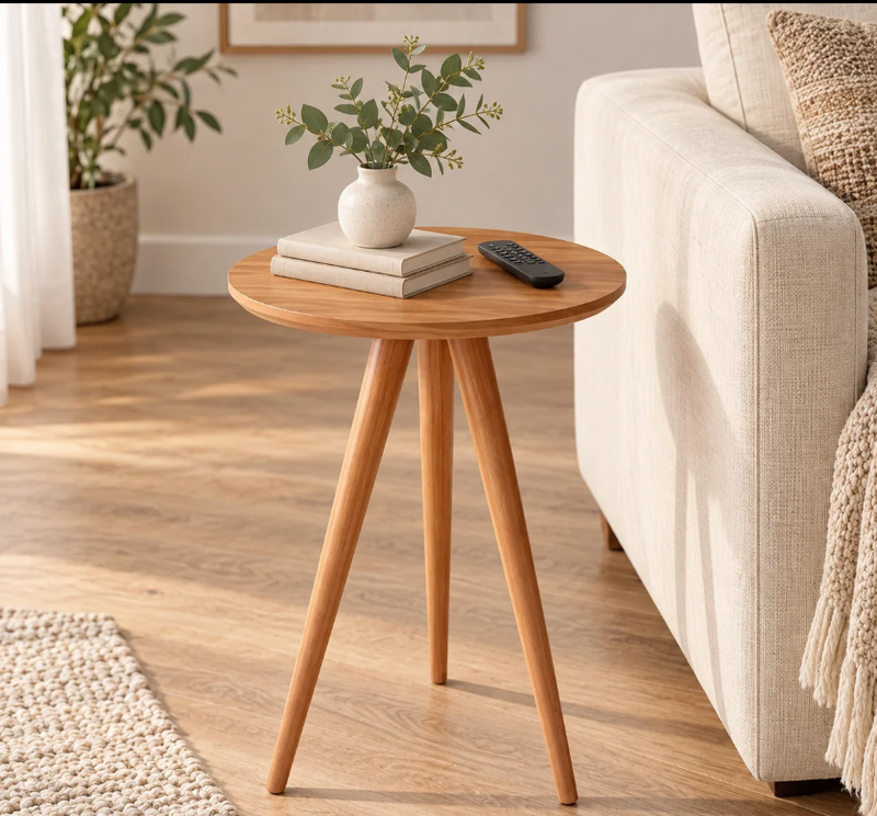 Mesinha de Canto Lateral Retrô Redonda Wood/Mesa de Apoio Decorativa para Sala e Quarto