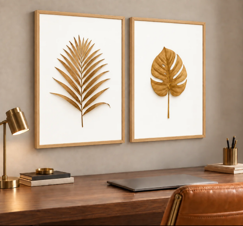 Kit 2 Quadros Decorativos para Sala/Cozinha Folhas Douradas - Carvalho