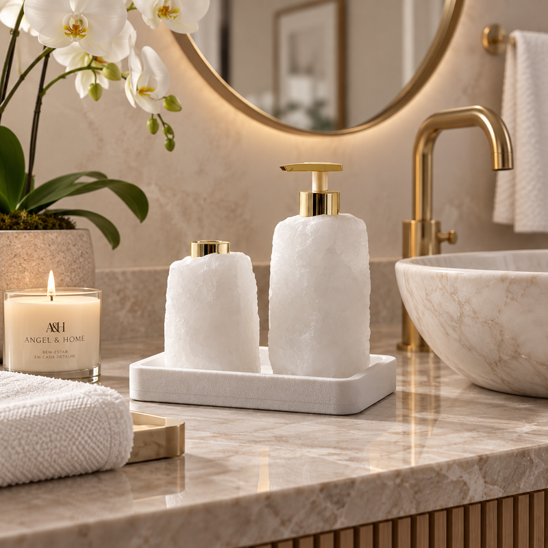 Kit Banheiro Pedra Natural Bruta Dourado | Difusor, Saboneteira e Bandeja para Lavabo Luxo