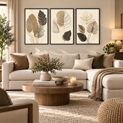 Kit 3 Quadros Decorativos 60x40 Folhagem Dourada | Mosaico Abstrato Moderno em MDF