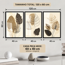 Kit 3 Quadros Decorativos 60x40 Folhagem Dourada | Mosaico Abstrato Moderno em MDF