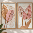 Kit 2 Quadros Folhas Douradas e Rosê Relevo/ Quarto e Sala