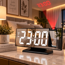 Relógio de mesa digital Angel & Home com projetor LED, despertador, termômetro e porta USB, exibido em ambiente moderno.