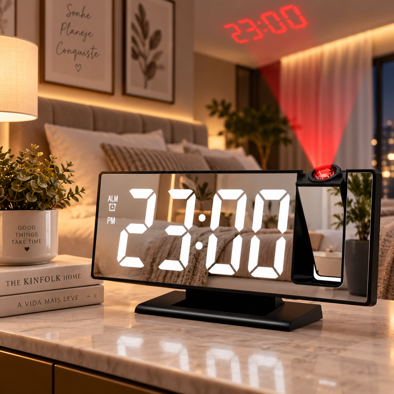 Relógio de mesa digital Angel & Home com projetor LED, despertador, termômetro e porta USB, exibido em ambiente moderno.