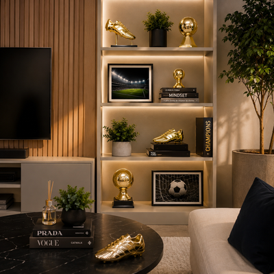 Kit Futebol Decorativo Luxo | Chuteira Dourada + Bola Dourada para Festa e Decoração