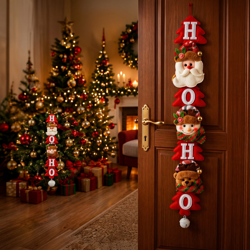 Enfeite Pendente de Natal Ho Ho Ho em Tecido 55 cm com Papai Noel, Rena e Ursinho