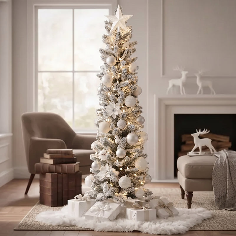 Árvore de Natal Nevada Slim de 1,20 a 2,10 m com Galhos Densos e Efeito de Neve Branca