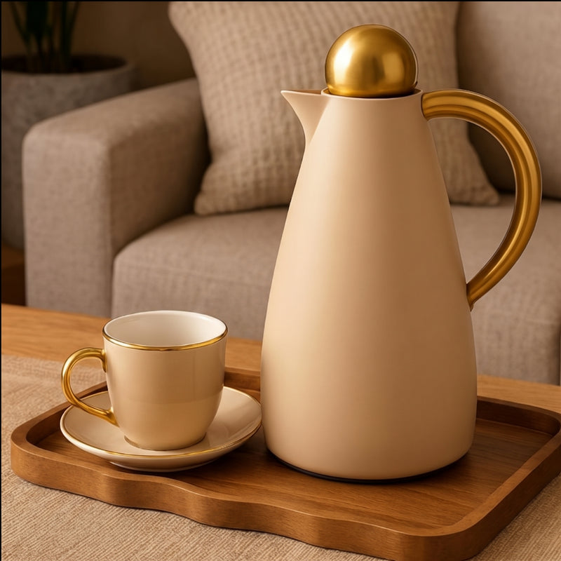 Garrafa Térmica Ayla 950 ml com Detalhes em Madeira e Acionamento por Click
