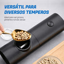 Moedor elétrico automático de sal e pimenta Angel & Home, ajustável, com corpo preto e graos de tempero.