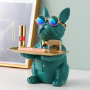 Escultura Decorativa de Cachorro Bulldog com Bandeja e Óculos