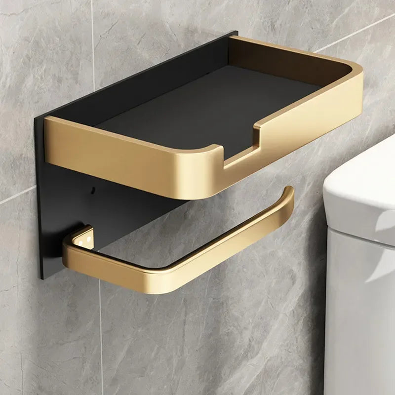 Suporte de papel higiênico preto e dourado Angel & Home com prateleira multifuncional para banheiro e telefone, parede e toalhas