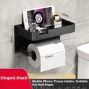 Suporte de papel higiênico preto com dourado, suporte de parede multifuncional com prateleira para telefone e toalhas.