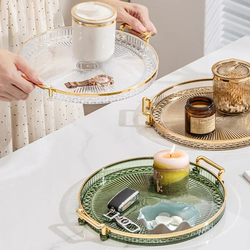 Bandeja decorativa redonda de acrílico espelhado para servir, com acabamento elegante, da marca Angel & Home.