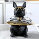 Escultura Decorativa de Cachorro Bulldog com Bandeja e Óculos