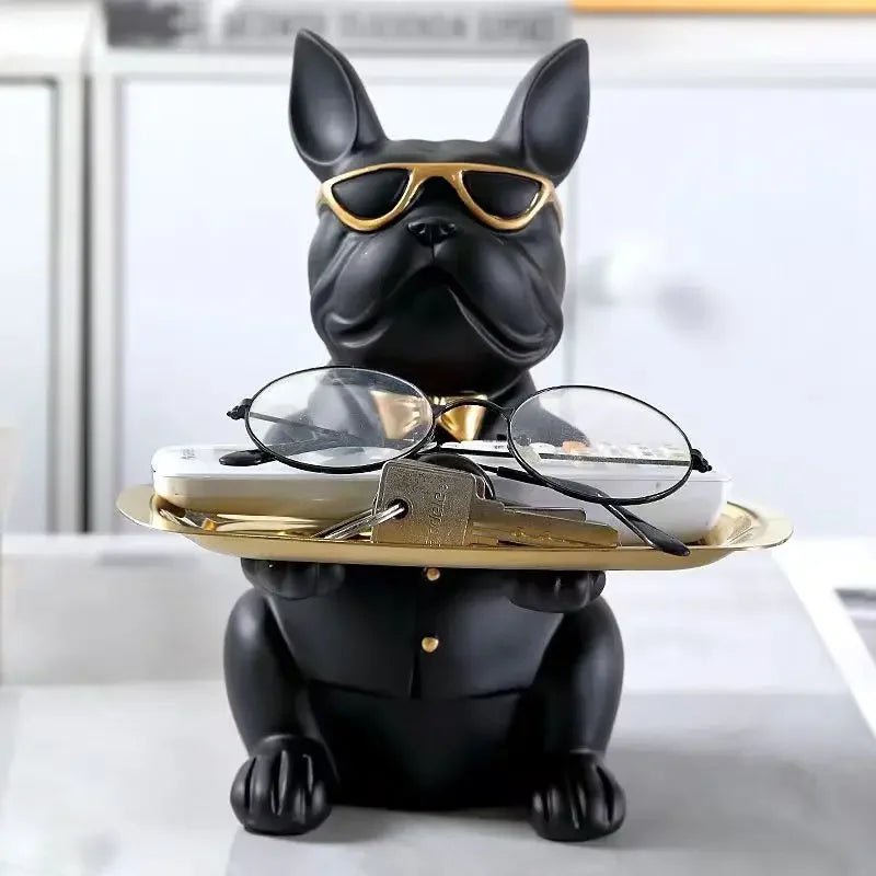 Escultura Decorativa de Cachorro Bulldog com Bandeja e Óculos