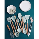 Kit 12 Peças Utensílios Cozinha Silicone Maciço Com Cabo De Madeira Colheres Super Praticas