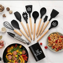 Kit 12 Peças Utensílios Cozinha Silicone Maciço Com Cabo De Madeira Colheres Super Praticas