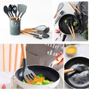 Kit 12 Peças Utensílios Cozinha Silicone Maciço Com Cabo De Madeira Colheres Super Praticas