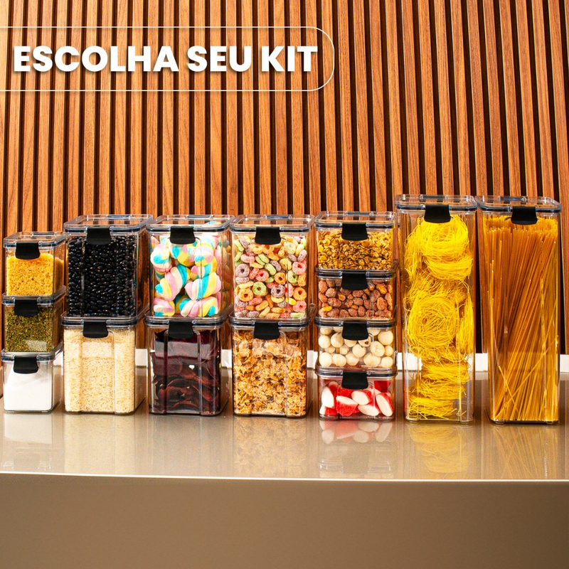 Monte seu Kit Pote Hermético Porta Mantimentos Organizadores de Cozinha Dispensa Armário Alimentos