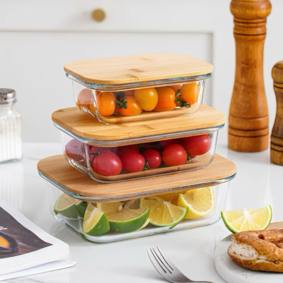 Kit 3 Potes de Vidro com Tampa de Bambu Hermética | Organizador de Geladeira