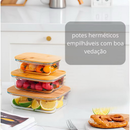Kit 3 Potes de Vidro Com Tampa de Bambu Organizador de Geladeira Marmita Forno Microondas e Freezer- envio rápido