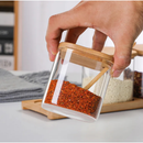 Conjunto 3 Potes De Vidro Condimento com Tampa de Bambu Colher Suporte Kit Jogo para Tempero Quadrado