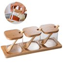 Conjunto 3 Potes De Vidro Condimento com Tampa de Bambu Colher Suporte Kit Jogo para Tempero Quadrado