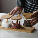 Conjunto 3 Potes De Vidro Condimento com Tampa de Bambu Colher Suporte Kit Jogo para Tempero Quadrado