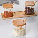 Conjunto 3 Potes De Vidro Condimento com Tampa de Bambu Colher Suporte Kit Jogo para Tempero Quadrado