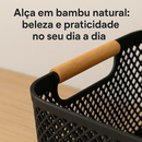 Cesto Organizador de Plástico com Alça de Bambu – Preto ou Branco, Tamanhos M e G Cozinha Banheiro