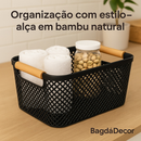 Cesto Organizador de Plástico com Alça de Bambu – Preto ou Branco, Tamanhos M e G Cozinha Banheiro