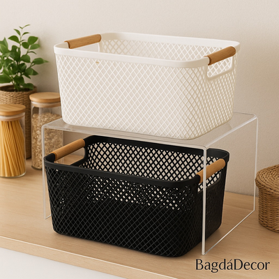 Cesto Organizador de Plástico com Alça de Bambu Cozinha e Banheiro– Elegância e Sofisticação