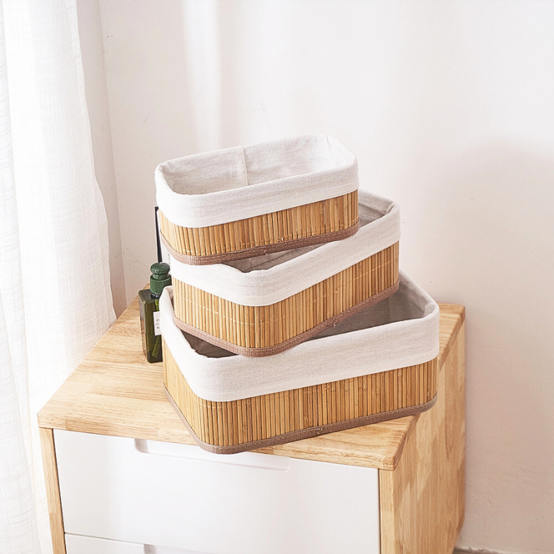 Kit 3 Cestos Organizador De Bambu Multiuso Com Forro De Cozinha Banheiro Quarto Maquiagem