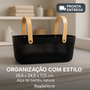Cesto Organizador de Plástico com Alça de Bambu – Preto ou Branco, Tamanhos M e G Cozinha Banheiro