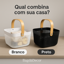 Cesto Organizador de Plástico com Alça de Bambu – Preto ou Branco, Tamanhos M e G Cozinha Banheiro