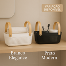 Cesto Organizador de Plástico com Alça de Bambu – Preto ou Branco, Tamanhos M e G Cozinha Banheiro