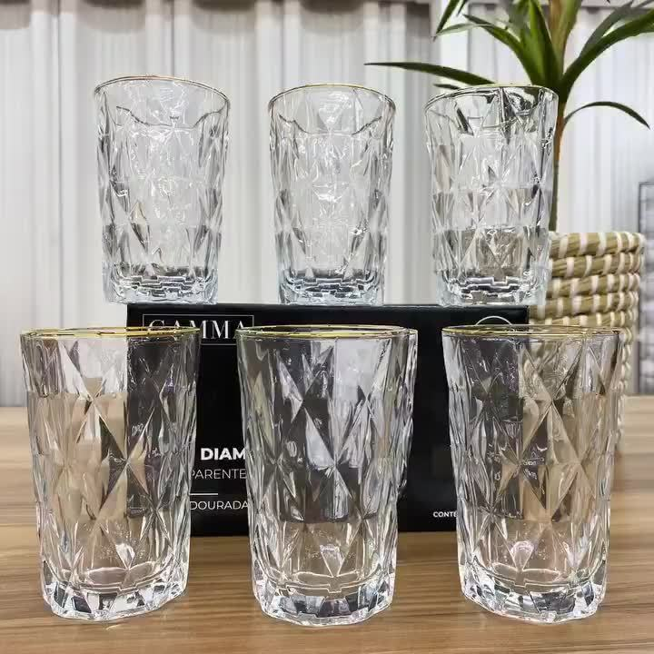 Jogo De 6 Copos Altos Borda Dourada 340ml Diamond Class Home