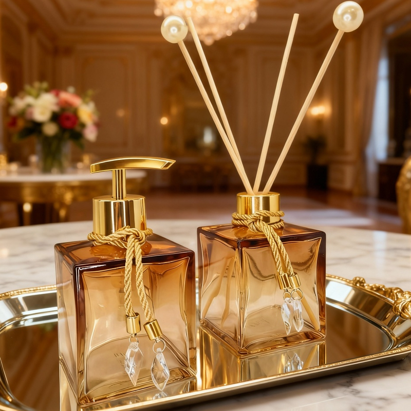 Kit Lavabo Vidro 250 ml Completo Luxo Com Bandeja Promoção Decorativo Ambar Banheiro Presente Chique