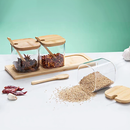 Conjunto 3 Potes De Vidro Condimento com Tampa de Bambu Colher Suporte Kit Jogo para Tempero Quadrado