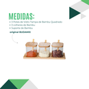 Conjunto 3 Potes De Vidro Condimento com Tampa de Bambu Colher Suporte Kit Jogo para Tempero Quadrado