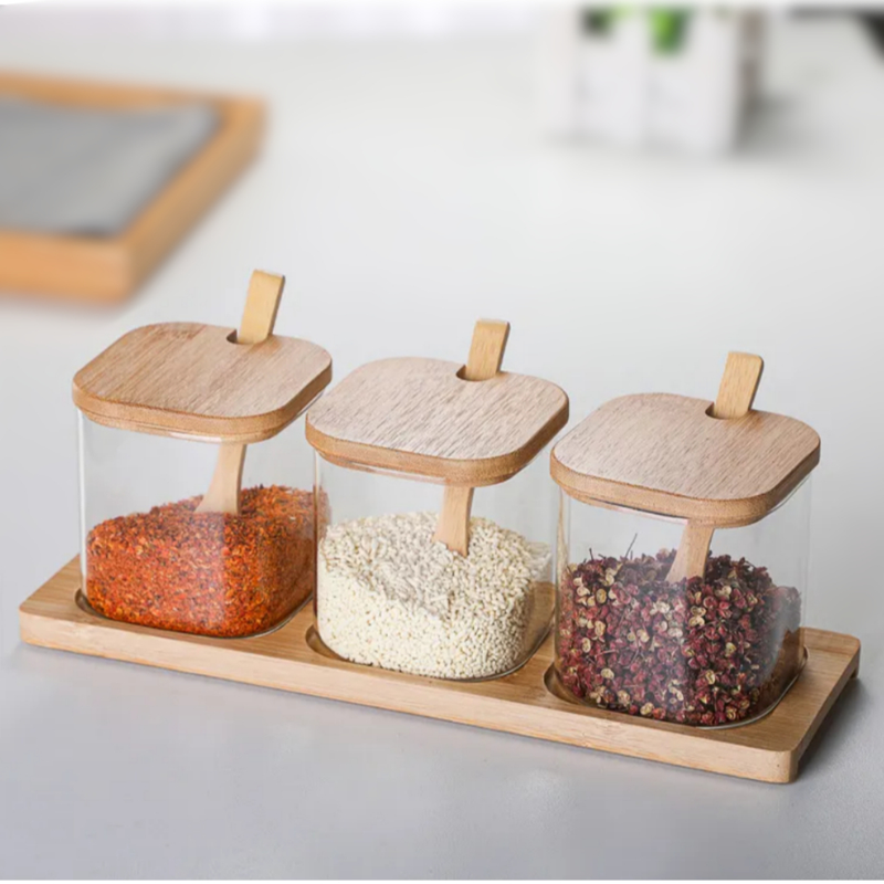 Conjunto 3 Potes De Vidro Condimento com Tampa de Bambu Colher Suporte Kit Jogo para Tempero Quadrado