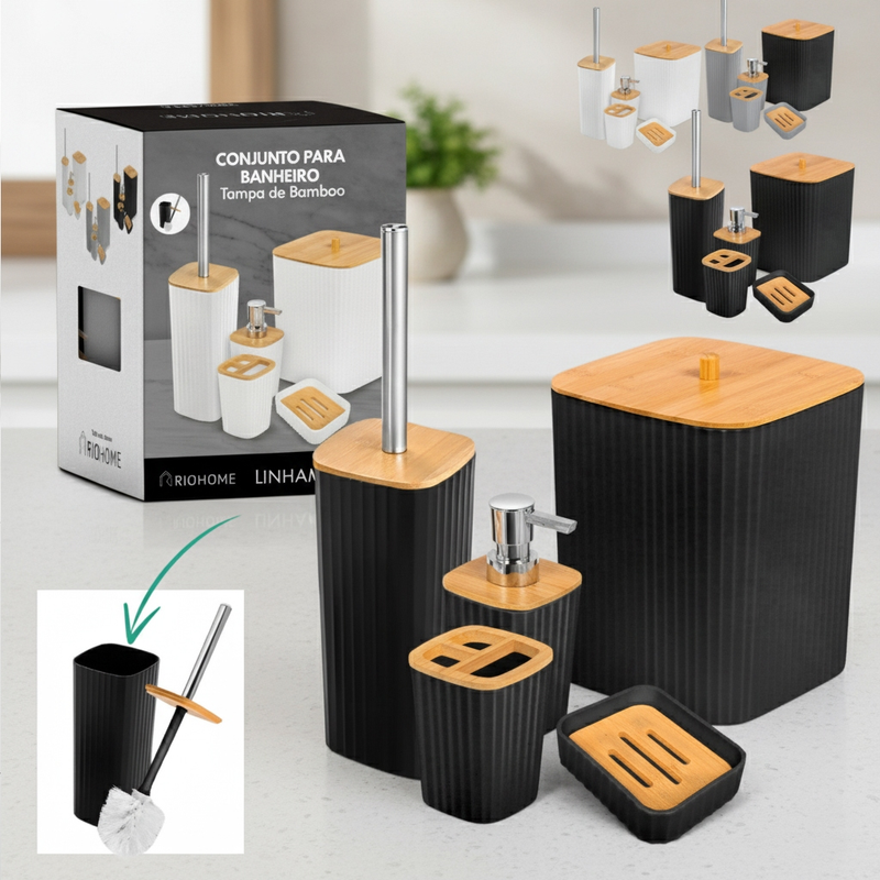 Kit Banheiro Conjunto Acessórios Lavabo Luxo 5 Peças Bambu