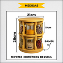 Porta Temperos Condimento Giratório 10 Potes Vidro Tampa Bambu Hermético 250ML Suporte Organizador