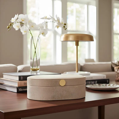 Caixa Decorativa em MDF com Revestimento em Tecido Off White | Porta-Objetos Retangular Oval