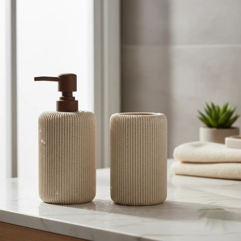 KIt Banheiro Lavabo Dispenser e Copo Porta escovas em Poliresina Texturizada Canelada Elegante Luxo