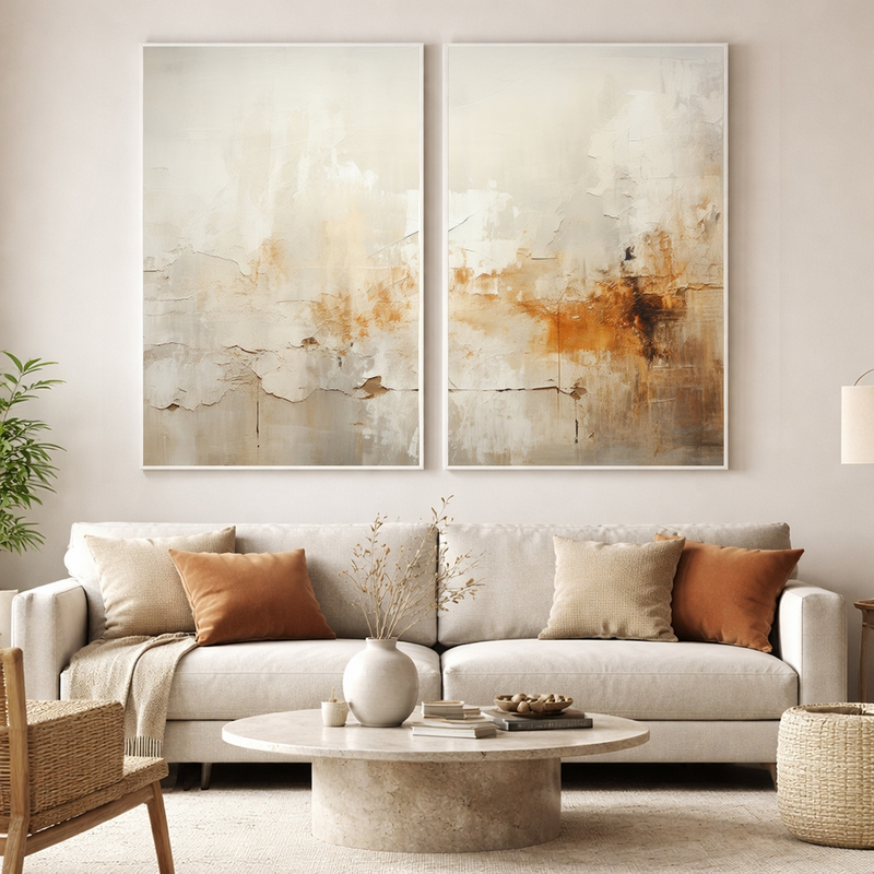 Quadro Decorativo Abstrato Reflexo do Outono 2 Telas Branco | Díptico para Sala e Quarto
